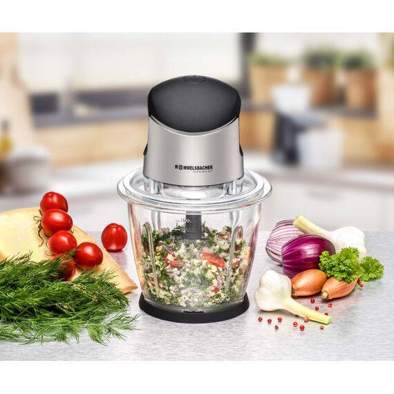 ROMMELSBACHER Multi Zerkleinerer MZ 500 – kraftvoller Motor, 4-flügeliges Spezialmesser aus Edelstahl, 1,5 Liter Glasbehälter, schwarz/Chrom gebürstet, 500 Watt