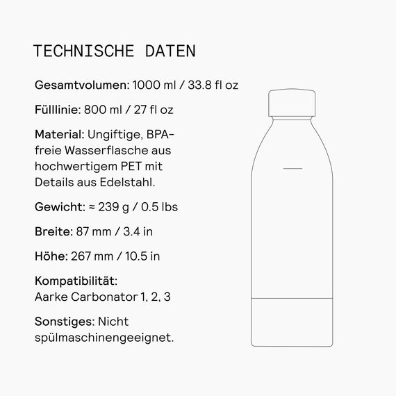 Aarke 2er-Pack PET-Flaschen für Wassersprudler Carbonator 3, BPA-frei mit Details in Edelstahl, 1000ml