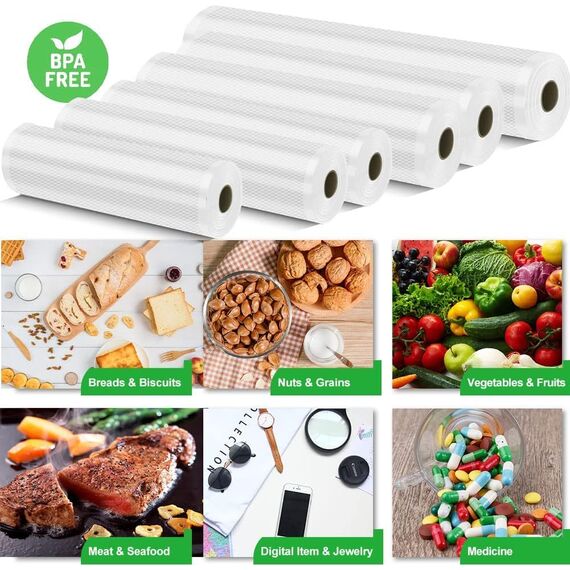 Vakuumierbeutel 6 Rollen Vakuumierfolie 15/20/20/25/25/28x300cm(18m), Profi-Folienrollen Vakuumierer Lebensmittel BPA-frei, stark & reißfest, für alle Vakuumierer & Sous Vide Gefrierbeutel