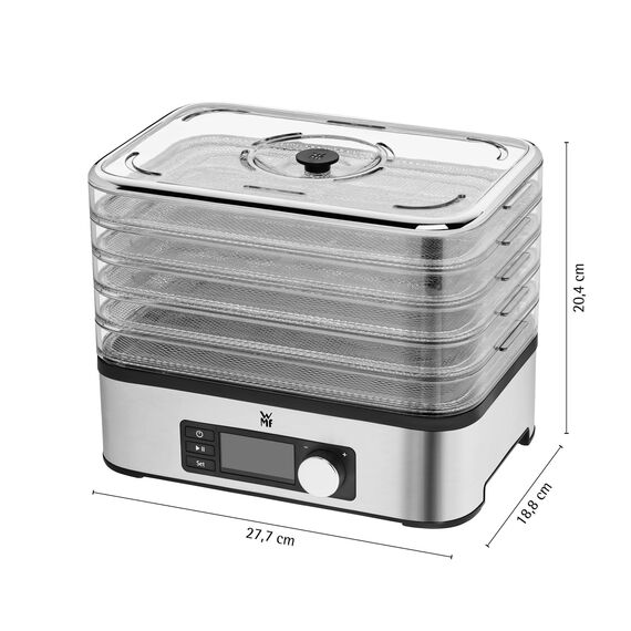 WMF Küchenminis Dörrautomat Edelstahl, Dörrgerät mit 5 Einlegefächern, 30-70°C, bis 24h-Timer, Obsttrockner, Dehydrator, 2 Aufbewahrungsboxen, Müsliriegelform, spülmaschinengeeignete Teile