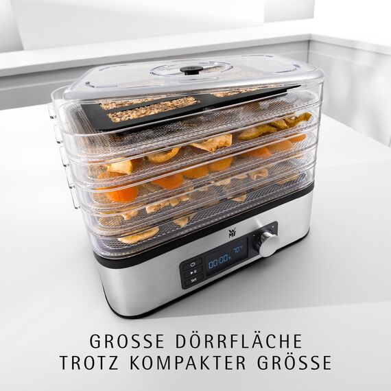 WMF Küchenminis Dörrautomat Edelstahl, Dörrgerät mit 5 Einlegefächern, 30-70°C, bis 24h-Timer, Obsttrockner, Dehydrator, 2 Aufbewahrungsboxen, Müsliriegelform, spülmaschinengeeignete Teile