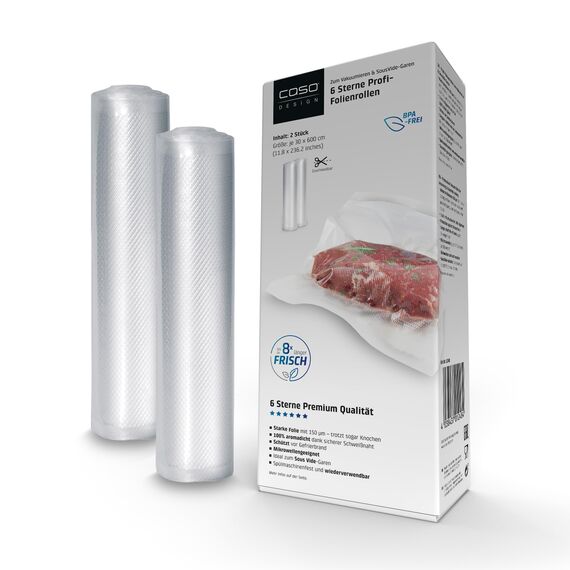 CASO 6 Sterne Profi-Folienrollen 30 x 600 cm, 2 Rollen, für alle Vakuumierer, SousVide-geeignet, wiederverwendbar, stark und reißfest ca.150 μm, 100% aromadicht, Schutz vor Gefrierbrand