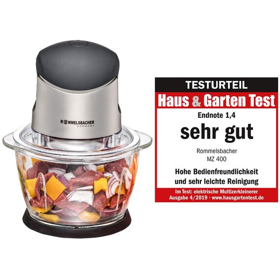 ROMMELSBACHER Multi Zerkleinerer MZ 400 – kraftvoller Motor, 4-flügeliges Spezialmesser aus Edelstahl, 1 Liter Glasbehälter, schwarz/Chrom gebürstet, 400 Watt