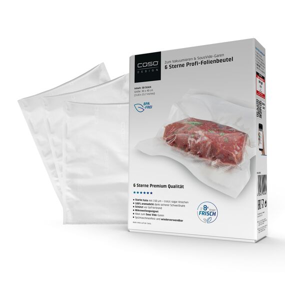 CASO 6 Sterne Profi-Folienbeutel 30x40 cm, 50 Beutel, Vakuumierbeutel für alle Vakuumierer, stark und reißfest ca.150 μm, Vakuumbeutel Lebensmittel Vakuumiergerät, BPA-frei, Klar