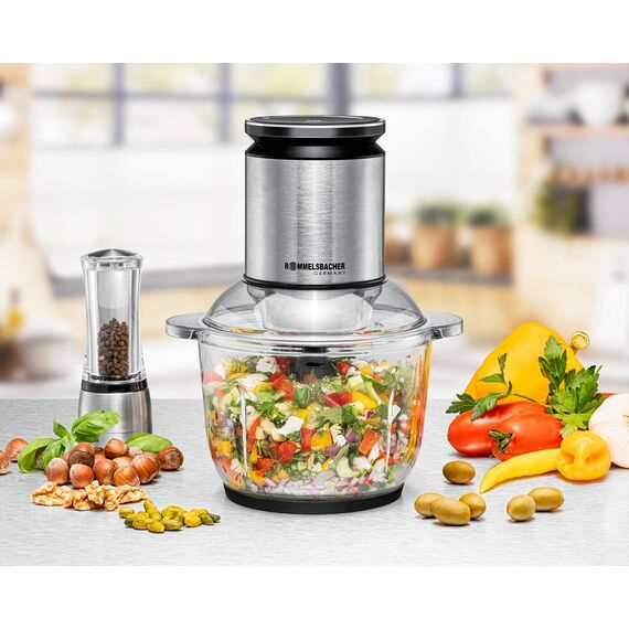 ROMMELSBACHER Multi Zerkleinerer MZ 600, 2,0 Liter Glasbehälter, 22-stufige Drehzahlregulierung, kraftvoller Motor, 6-flügeliges Edelstahl-Spezialmesser, Messerachse und Motorkupplung aus Edelstahl