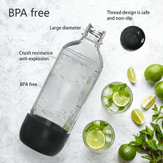 Mycket Soda Maker Flaschen, 2 x 1L Carbonating Bottles, BPA-frei Kohlensäureflaschen, Wiederverwendbare PET-Sprudelwasserflaschen, Ersatzflaschen für Soda-Maschine, Schwarz+Weiß