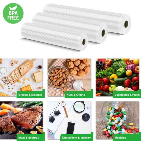 Vakuumierbeutel Vakuumierfolie 3 Rollen 20/25/28x500cm(15m), Vakuumrollen Lebensmittel für Vakuumierer & Sous Vide, 150µm Profi Folienrollen BPA-frei, stark & reißfest