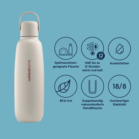 SodaStream 0,9L Fizz&go COOL Metallflasche Sand | Spülmaschinengeeignet | Kompatibel mit Duo, E-Duo, Terra UVM. | Hält bis zu 12 Stunden warm & kalt | BPA-frei | 1er-Pack