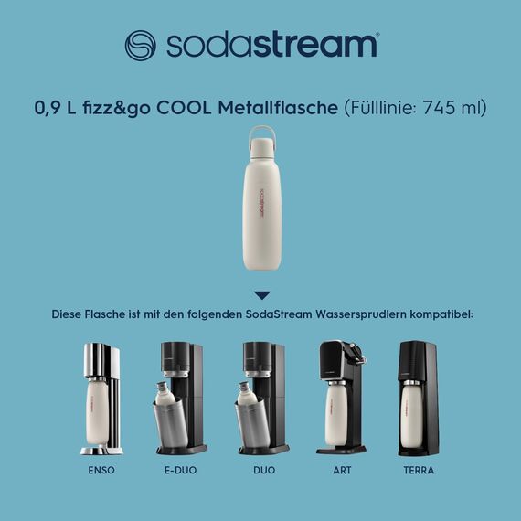 SodaStream 0,9L Fizz&go COOL Metallflasche Sand | Spülmaschinengeeignet | Kompatibel mit Duo, E-Duo, Terra UVM. | Hält bis zu 12 Stunden warm & kalt | BPA-frei | 1er-Pack