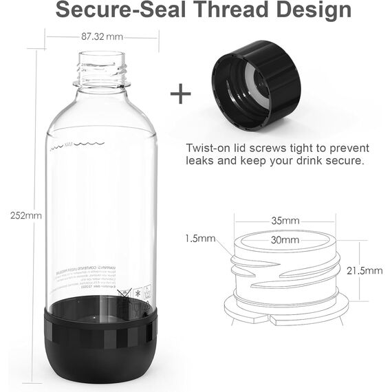 Mycket Soda Maker Flaschen, 2 x 1L Carbonating Bottles, BPA-frei Kohlensäureflaschen, Wiederverwendbare PET-Sprudelwasserflaschen, Ersatzflaschen für Soda-Maschine, Schwarz