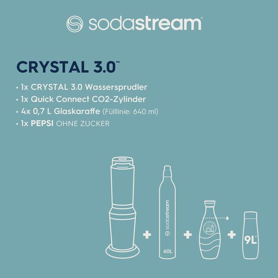 SodaStream Wassersprudler CRYSTAL 3.0 mit Quick-Connect CO2-Zylinder| inkl. 4 x 0,8L CRYSTAL Glasflasche | Farbe: Titan + SodaStream Sirup Pepsi Zero Zucker, 440 ml