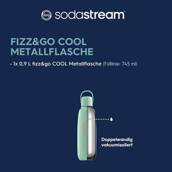 SodaStream 0,9L Fizz&go COOL Metallflasche Mint | Spülmaschinengeeignet | Kompatibel mit Duo, E-Duo, Terra UVM. | Hält bis zu 12 Stunden warm & kalt | BPA-frei | 1er-Pack