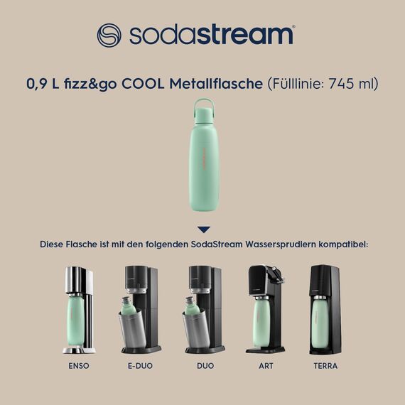 SodaStream 0,9L Fizz&go COOL Metallflasche Mint | Spülmaschinengeeignet | Kompatibel mit Duo, E-Duo, Terra UVM. | Hält bis zu 12 Stunden warm & kalt | BPA-frei | 1er-Pack
