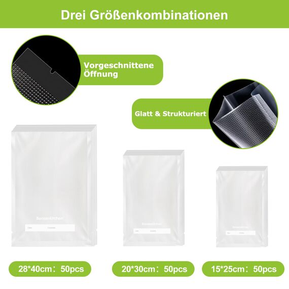 Bonsenkitchen Vakuumierbeutel 150 Beutel - 15x25 cm (50)+20x30 cm (50)+ 28x40 cm (50), für jede Größe Profi-Folienbeutel für alle Vakuumiergerät, vakuumbeutel für lebensmittel, BPA-frei, VB3215