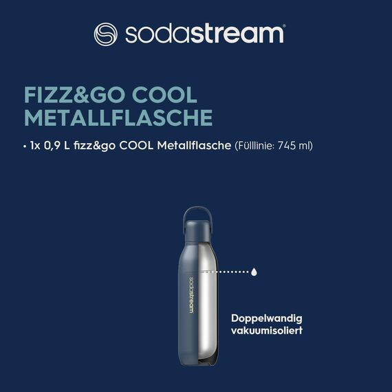 SodaStream 0,9L Fizz&go COOL Metallflasche Storm | Spülmaschinengeeignet | Kompatibel mit Duo, E-Duo, Terra UVM. | Hält bis zu 12 Stunden warm & kalt | BPA-frei | 1er-Pack