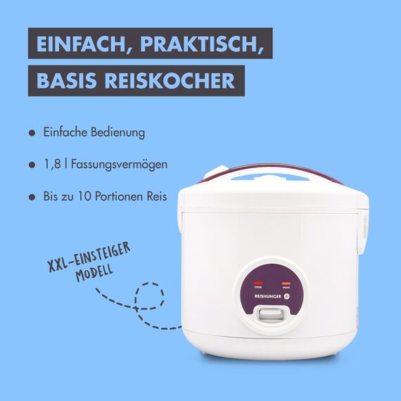 REISHUNGER Reiskocher & Dampfgarer mit Keramikbeschichtung, Weiß, 1,8L - bis zu 10 Portionen - Schnelle Zubereitung ohne Anbrennen - Mit Warmhaltefunktion inkl. Dämpfeinsatz, Löffel & Messbecher