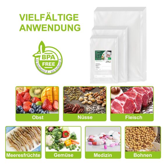 Bonsenkitchen Vakuumierbeutel 150 Beutel - 15x25 cm (50)+20x30 cm (50)+ 28x40 cm (50), für jede Größe Profi-Folienbeutel für alle Vakuumiergerät, vakuumbeutel für lebensmittel, BPA-frei, VB3215