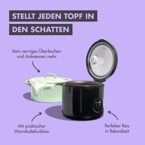 REISHUNGER Reiskocher & Dampfgarer mit Keramikbeschichtung - 1,2 L, Schwarz - Für 1-6 Personen - Schnelle Zubereitung ohne Anbrennen - Mit Warmhaltefunktion inkl. Dämpfeinsatz, Löffel & Messbecher