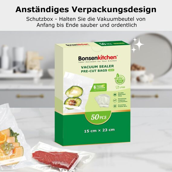 Bonsenkitchen Vakuumierbeutel 15x23cm, 50 Beutel Profi-Folienbeutel für alle Vakuumiergerät, Vakuumbeutel für lebensmittel, Sous Vide Gefrierbeutel, Einschweissbeutel, BPA-frei, VB30