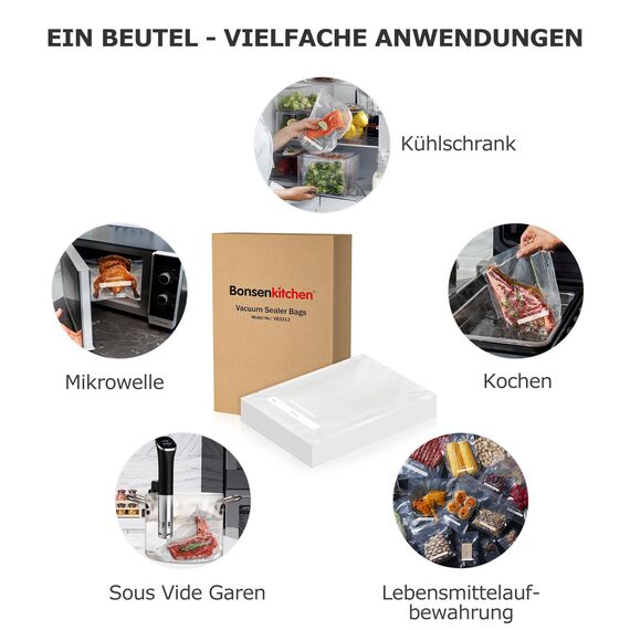 Bonsenkitchen Vakuumierbeutel 50 Beutel 20x30 cm, Profi-Folienbeutel für alle Vakuumiergerät, vakuumbeutel für lebensmittel, Sous Vide Gefrierbeutel, Einschweissbeutel, BPA-frei, VB3213