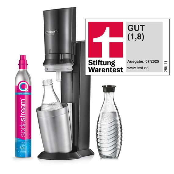 SodaStream Crystal 3.0 Wassersprudler mit 1x Quick-Connect CO2-Zylinder und 2X Glaskaraffen, Silber, Schwarz, Titan, 45 cm