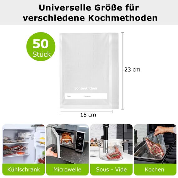Bonsenkitchen Vakuumierbeutel 15x23cm, 50 Beutel Profi-Folienbeutel für alle Vakuumiergerät, Vakuumbeutel für lebensmittel, Sous Vide Gefrierbeutel, Einschweissbeutel, BPA-frei, VB30
