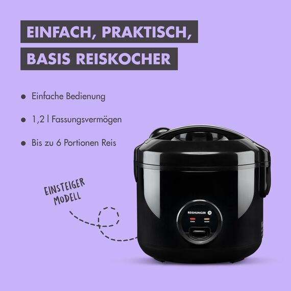 REISHUNGER Reiskocher & Dampfgarer mit Keramikbeschichtung - 1,2 L, Schwarz - Für 1-6 Personen - Schnelle Zubereitung ohne Anbrennen - Mit Warmhaltefunktion inkl. Dämpfeinsatz, Löffel & Messbecher