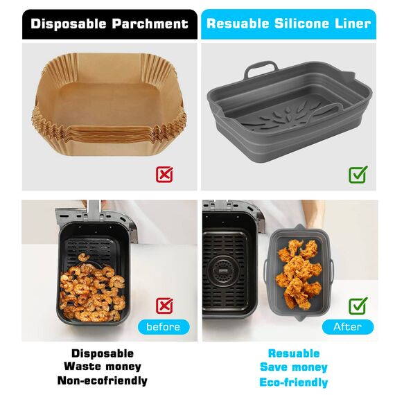 Pietuley 2 Faltbar Backpapier Silikon für Heißluftfritteuse, Silikonform Für Ninja Heißluftfritteuse Airfryer Zubehör Silikoneinsatz Backform