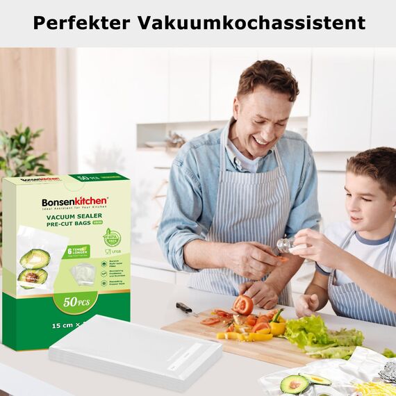 Bonsenkitchen Vakuumierbeutel 15x23cm, 50 Beutel Profi-Folienbeutel für alle Vakuumiergerät, Vakuumbeutel für lebensmittel, Sous Vide Gefrierbeutel, Einschweissbeutel, BPA-frei, VB30
