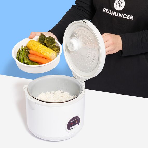 REISHUNGER Reiskocher & Dampfgarer mit Keramikbeschichtung - 1,2L, Weiß - für 1-6 Personen - Schnelle Zubereitung ohne Anbrennen - Mit Warmhaltefunktion inkl. Dämpfeinsatz, Löffel & Messbecher