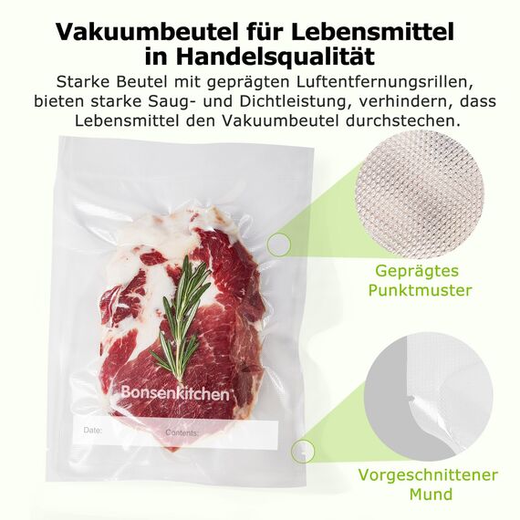 Bonsenkitchen Vakuumierbeutel 15x23cm, 50 Beutel Profi-Folienbeutel für alle Vakuumiergerät, Vakuumbeutel für lebensmittel, Sous Vide Gefrierbeutel, Einschweissbeutel, BPA-frei, VB30