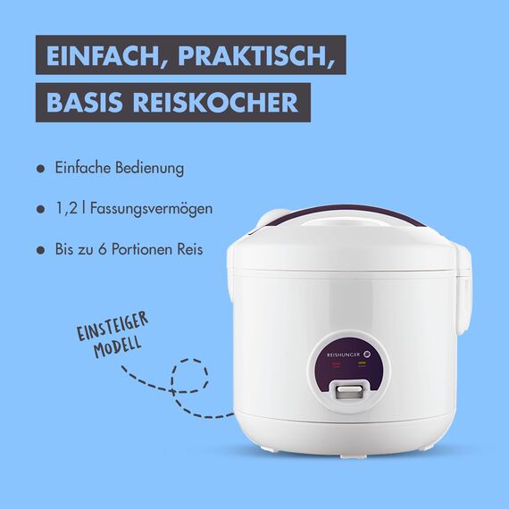 REISHUNGER Reiskocher & Dampfgarer mit Keramikbeschichtung - 1,2L, Weiß - für 1-6 Personen - Schnelle Zubereitung ohne Anbrennen - Mit Warmhaltefunktion inkl. Dämpfeinsatz, Löffel & Messbecher