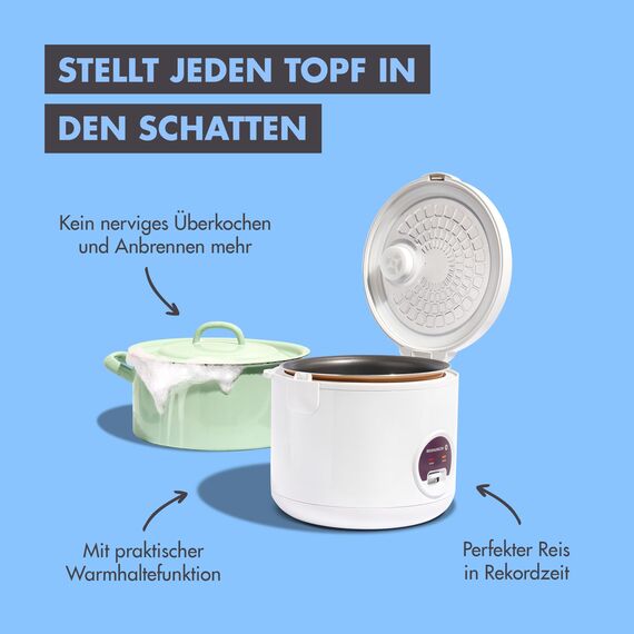 REISHUNGER Reiskocher & Dampfgarer mit Keramikbeschichtung - 1,2L, Weiß - für 1-6 Personen - Schnelle Zubereitung ohne Anbrennen - Mit Warmhaltefunktion inkl. Dämpfeinsatz, Löffel & Messbecher