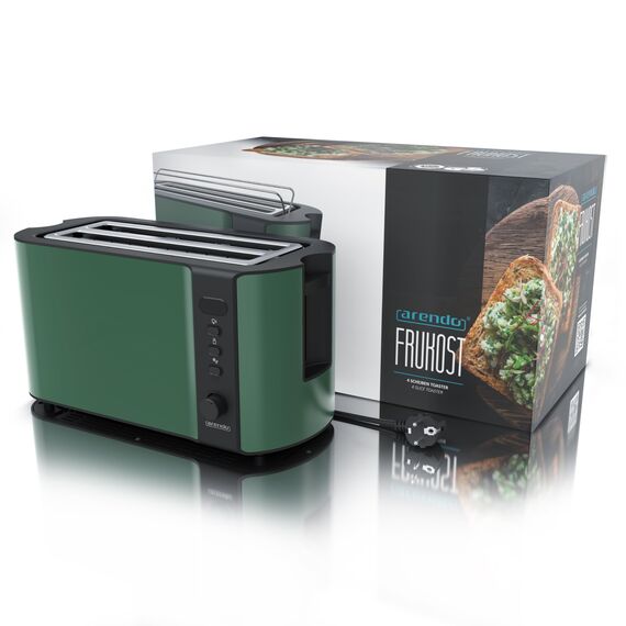 Arendo - Edelstahl Toaster Langschlitz 4 Scheiben - Defrost Funktion - wärmeisolierendes Gehäuse - mit integrierten Brötchenaufsatz - 1500W - Krümelschublade - Display mit Restzeitanzeige