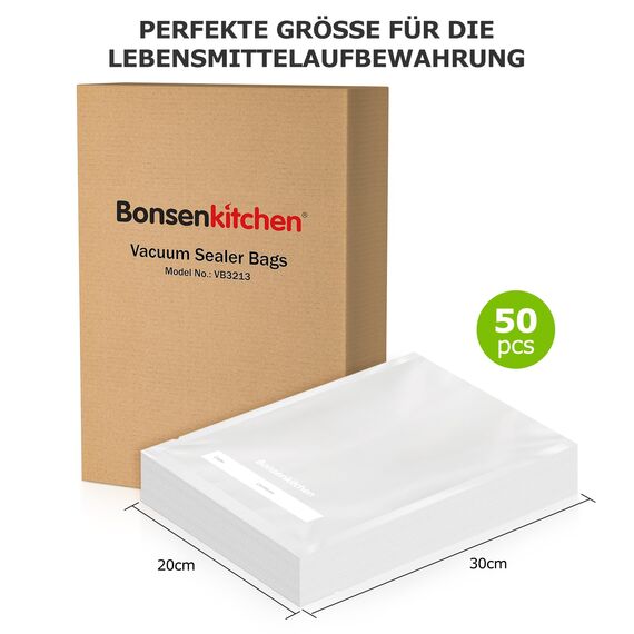 Bonsenkitchen Vakuumierbeutel 50 Beutel 20x30 cm, Profi-Folienbeutel für alle Vakuumiergerät, vakuumbeutel für lebensmittel, Sous Vide Gefrierbeutel, Einschweissbeutel, BPA-frei, VB3213