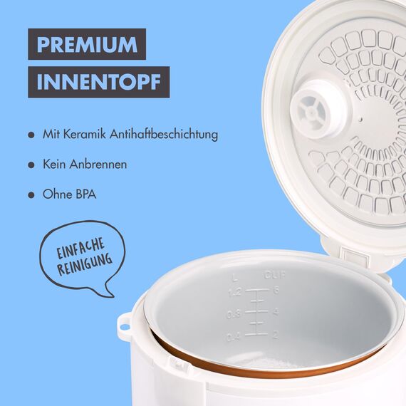 REISHUNGER Reiskocher & Dampfgarer mit Keramikbeschichtung - 1,2L, Weiß - für 1-6 Personen - Schnelle Zubereitung ohne Anbrennen - Mit Warmhaltefunktion inkl. Dämpfeinsatz, Löffel & Messbecher