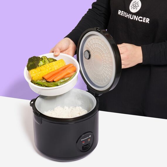 REISHUNGER Reiskocher & Dampfgarer mit Keramikbeschichtung - 1,2 L, Schwarz - Für 1-6 Personen - Schnelle Zubereitung ohne Anbrennen - Mit Warmhaltefunktion inkl. Dämpfeinsatz, Löffel & Messbecher