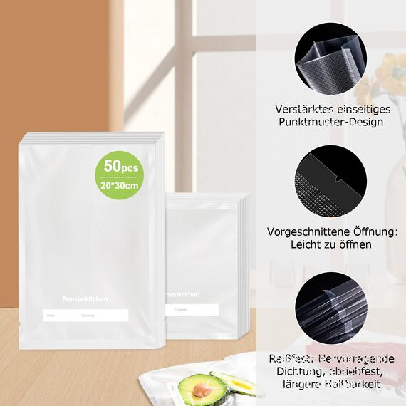 Bonsenkitchen Vakuumierbeutel 50 Beutel 20x30 cm, Profi-Folienbeutel für alle Vakuumiergerät, vakuumbeutel für lebensmittel, Sous Vide Gefrierbeutel, Einschweissbeutel, BPA-frei, VB3213