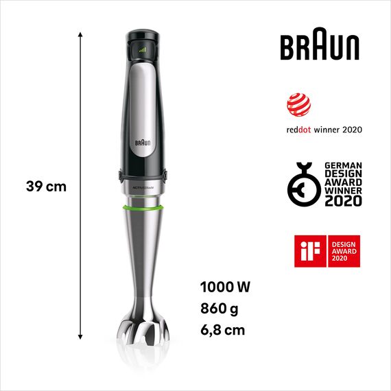 Braun MultiQuick 7 - Stabmixer mit SplashControl-Technologie, ActiveBlade System, Präzise Geschwindigkeitsregelung, 500 ml Zerkleinerer, Schneebesen, 600 mL Becher, 1000W, Schwarz (MQ7035X)