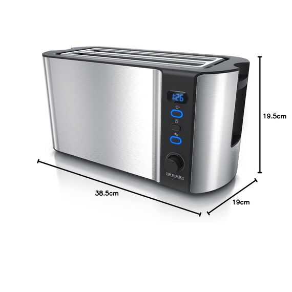 Arendo - Edelstahl Toaster Langschlitz 4 Scheiben - Defrost Funktion - wärmeisolierendes Gehäuse - mit integrierten Brötchenaufsatz - 1500W - Krümelschublade - Display mit Restzeitanzeige - Silber