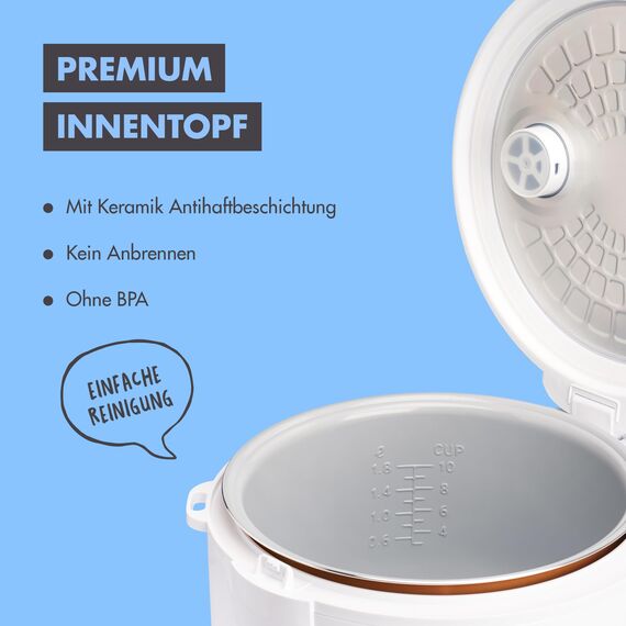 REISHUNGER Reiskocher & Dampfgarer mit Keramikbeschichtung, Weiß, 1,8L - bis zu 10 Portionen - Schnelle Zubereitung ohne Anbrennen - Mit Warmhaltefunktion inkl. Dämpfeinsatz, Löffel & Messbecher