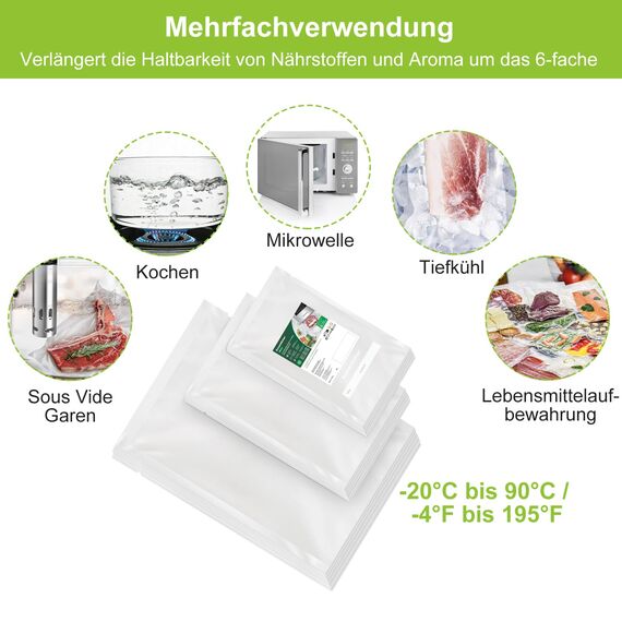 Bonsenkitchen Vakuumierbeutel 150 Beutel - 15x25 cm (50)+20x30 cm (50)+ 28x40 cm (50), für jede Größe Profi-Folienbeutel für alle Vakuumiergerät, vakuumbeutel für lebensmittel, BPA-frei, VB3215
