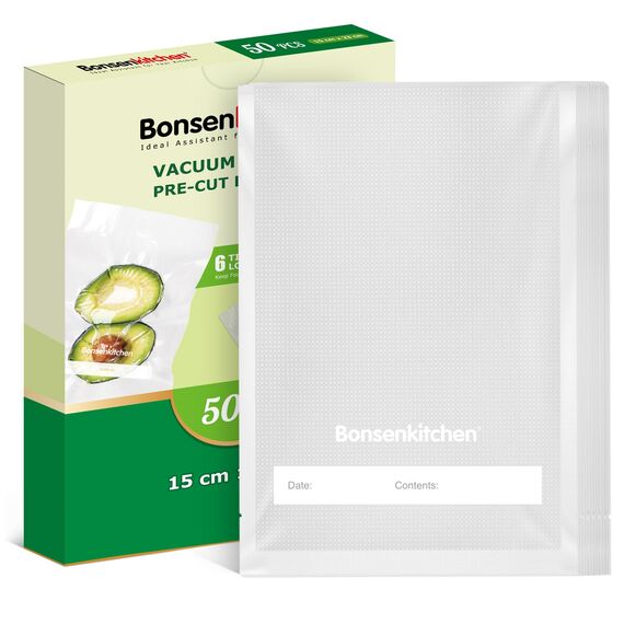 Bonsenkitchen Vakuumierbeutel 15x23cm, 50 Beutel Profi-Folienbeutel für alle Vakuumiergerät, Vakuumbeutel für lebensmittel, Sous Vide Gefrierbeutel, Einschweissbeutel, BPA-frei, VB30