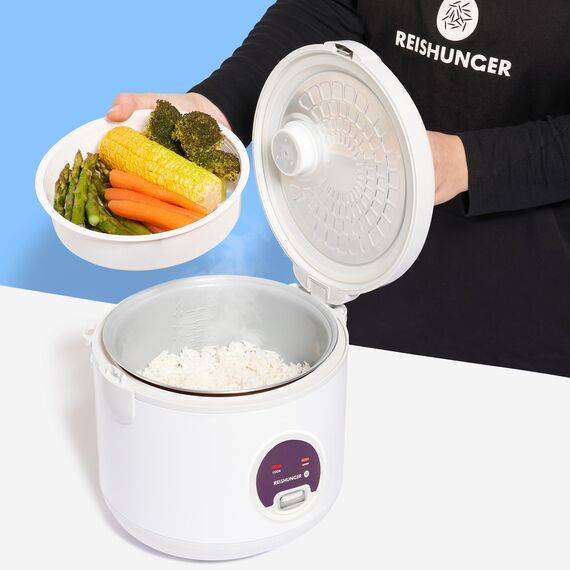 REISHUNGER Reiskocher & Dampfgarer mit Keramikbeschichtung, Weiß, 1,8L - bis zu 10 Portionen - Schnelle Zubereitung ohne Anbrennen - Mit Warmhaltefunktion inkl. Dämpfeinsatz, Löffel & Messbecher