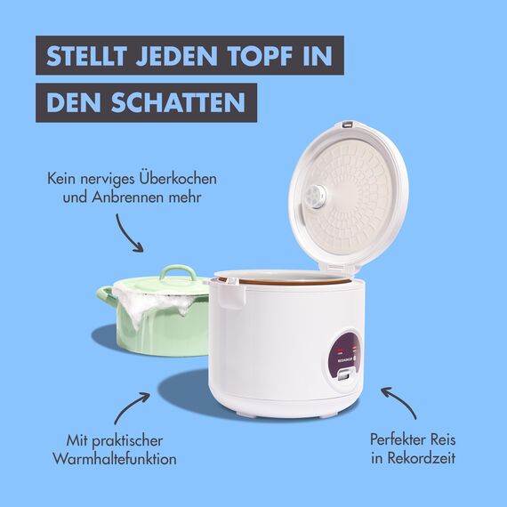 REISHUNGER Reiskocher & Dampfgarer mit Keramikbeschichtung, Weiß, 1,8L - bis zu 10 Portionen - Schnelle Zubereitung ohne Anbrennen - Mit Warmhaltefunktion inkl. Dämpfeinsatz, Löffel & Messbecher