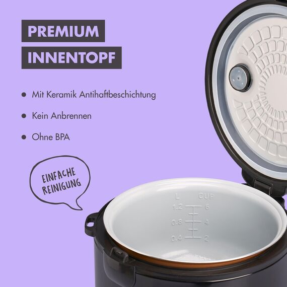 REISHUNGER Reiskocher & Dampfgarer mit Keramikbeschichtung - 1,2 L, Schwarz - Für 1-6 Personen - Schnelle Zubereitung ohne Anbrennen - Mit Warmhaltefunktion inkl. Dämpfeinsatz, Löffel & Messbecher