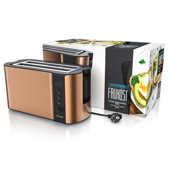 Arendo - Edelstahl Toaster Langschlitz 4 Scheiben - Defrost Funktion - wärmeisolierendes Gehäuse - mit integriertem Brötchenaufsatz - 1500W - Krümelschublade - Display mit Restzeitanzeige - Kupfer