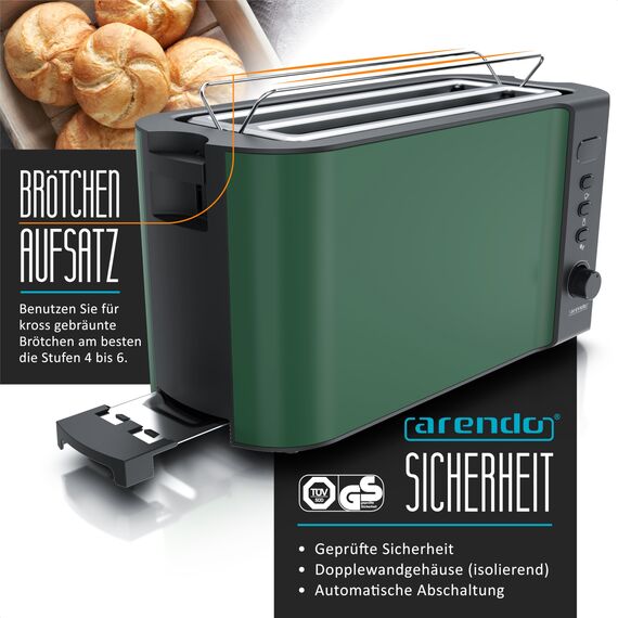 Arendo - Edelstahl Toaster Langschlitz 4 Scheiben - Defrost Funktion - wärmeisolierendes Gehäuse - mit integrierten Brötchenaufsatz - 1500W - Krümelschublade - Display mit Restzeitanzeige