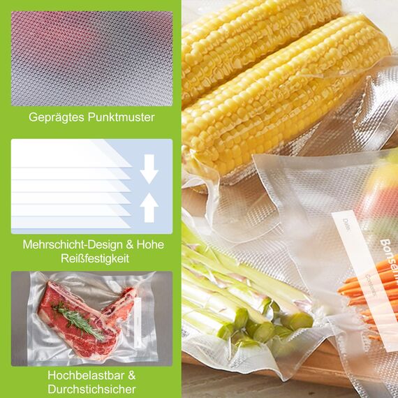 Bonsenkitchen Vakuumierbeutel 150 Beutel - 15x25 cm (50)+20x30 cm (50)+ 28x40 cm (50), für jede Größe Profi-Folienbeutel für alle Vakuumiergerät, vakuumbeutel für lebensmittel, BPA-frei, VB3215
