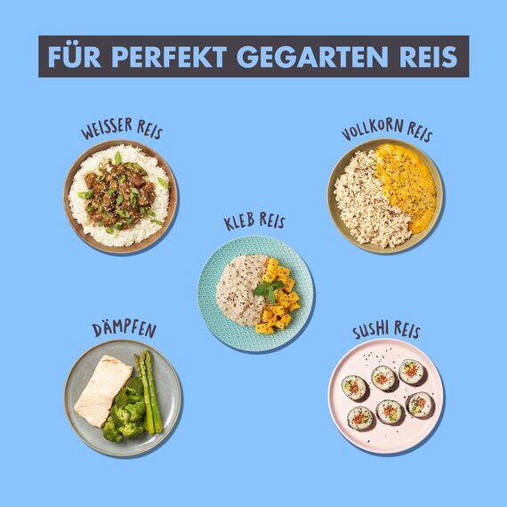 REISHUNGER Reiskocher & Dampfgarer mit Keramikbeschichtung - 1,2L, Weiß - für 1-6 Personen - Schnelle Zubereitung ohne Anbrennen - Mit Warmhaltefunktion inkl. Dämpfeinsatz, Löffel & Messbecher